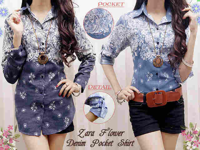 Kemeja denim flower zara