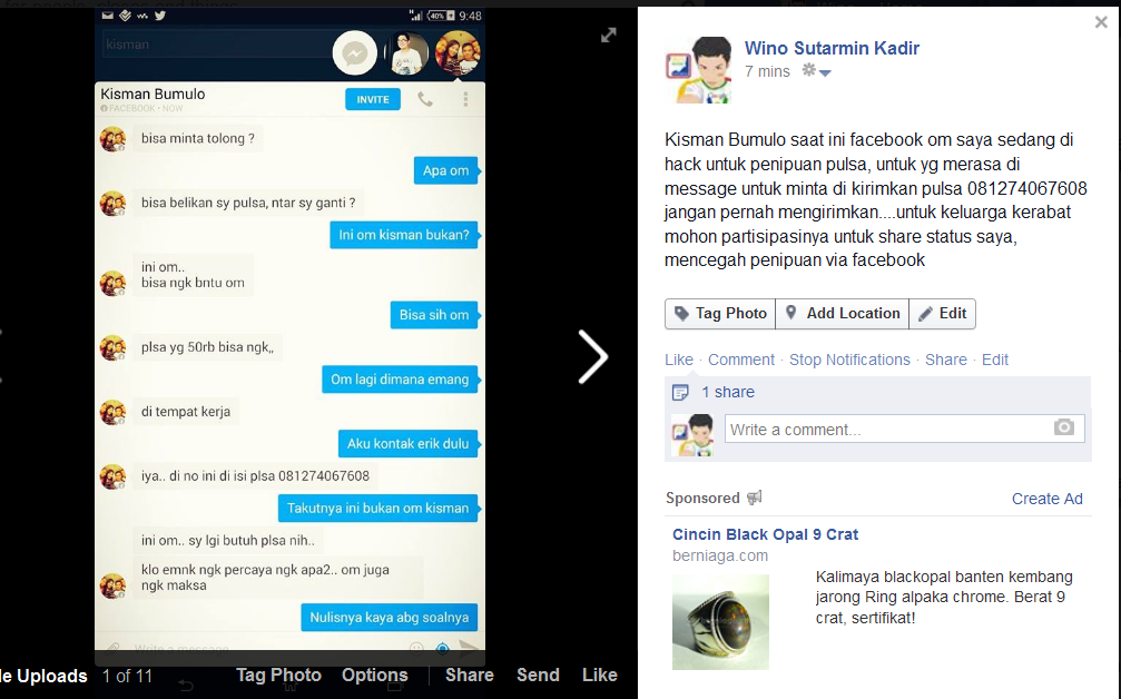 Penipuan minta pulsa gaya baru lewat facebook terutama untuk warga gorontalo