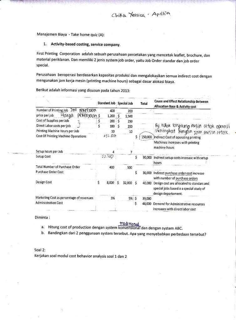 Help me, yang jago Managemen Accounting (Activity based costing/ABC) Bantuin dong :)