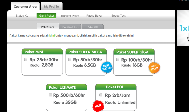 Paket Internet Mini - Quota Berbeda setelah pengisian