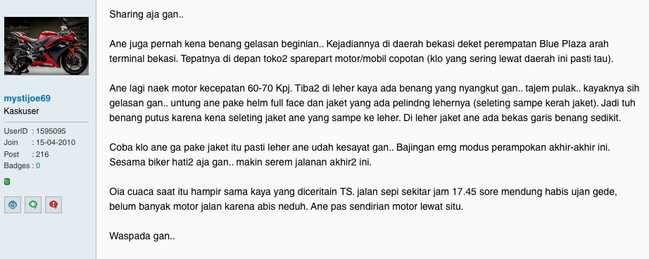 &#91;With Pic&#93; Ane jadi Korban benang gelasan ditengah jalan (modus perampokan?)