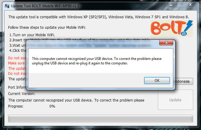 BOLT Mobile WiFi MF90, tidak terdeteksi saat update firmware