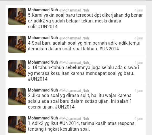 Tweets Peserta Ujian Nasional SMA/SMK/MA kepada Menteri Pendidikan dan Kebudayaan