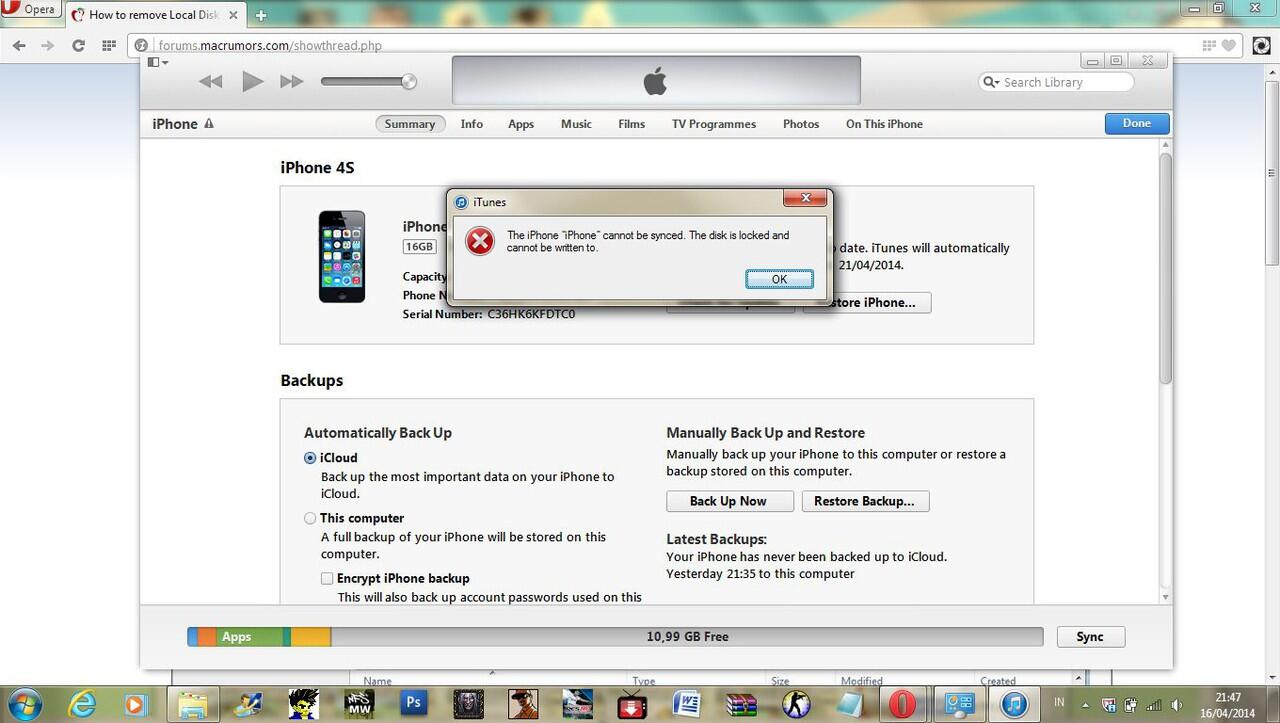 iPhone locked disk di iTunes sync for windows 7