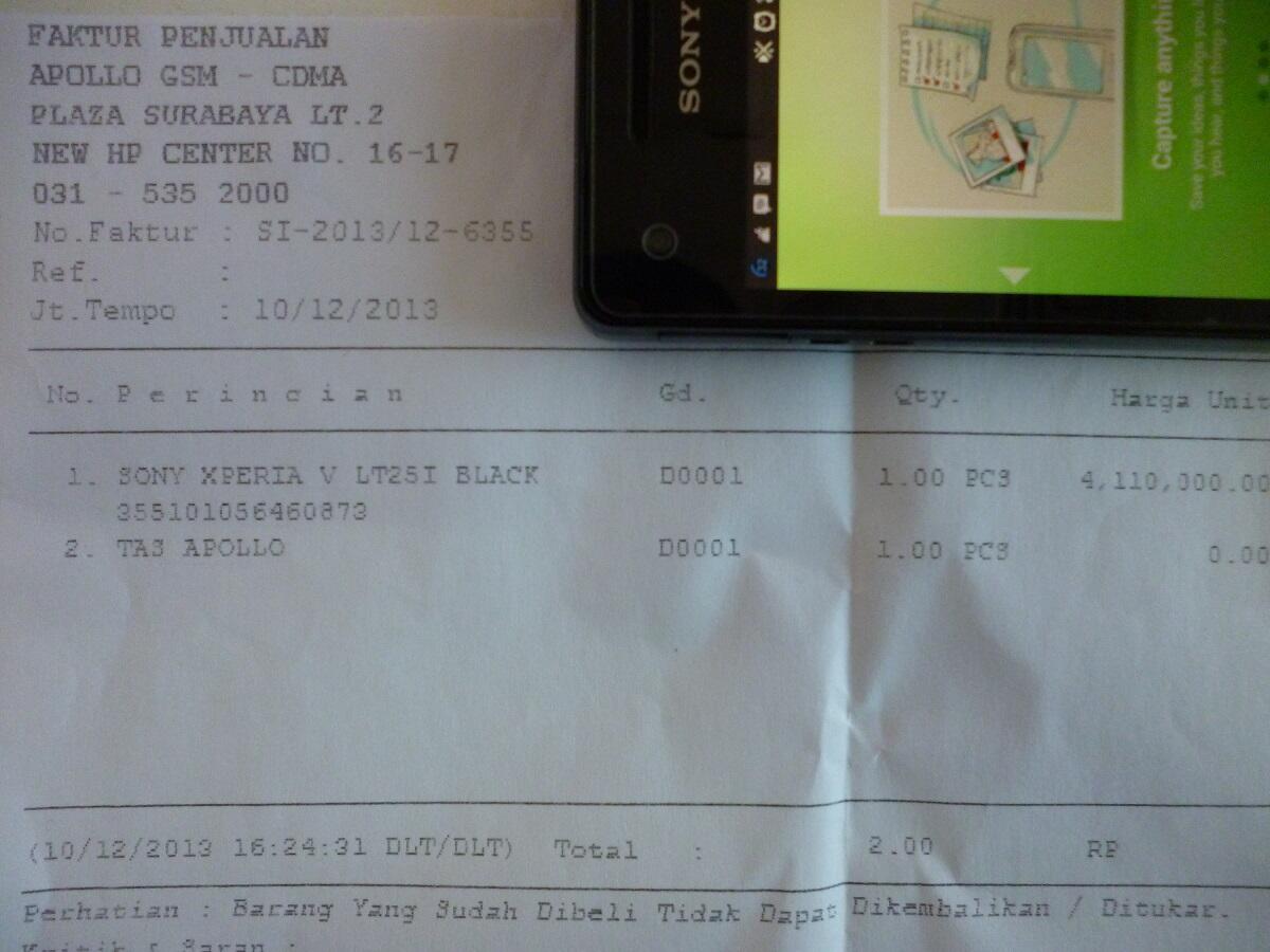Jual cepat SONY XPERIA V pembelian Desember 13
