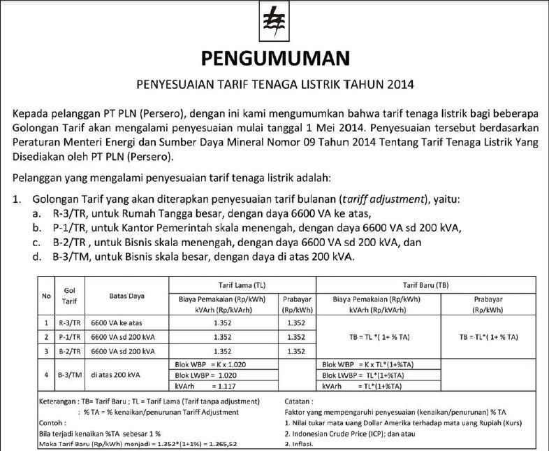 TDL Terbaru 2014 , Berlaku Mulai Mei 2014 Permen ESDM 09 2014