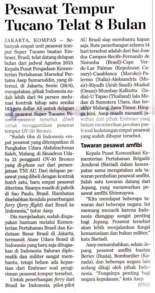 Pengiriman Super Tucano TNI AU Telat 8 Bulan