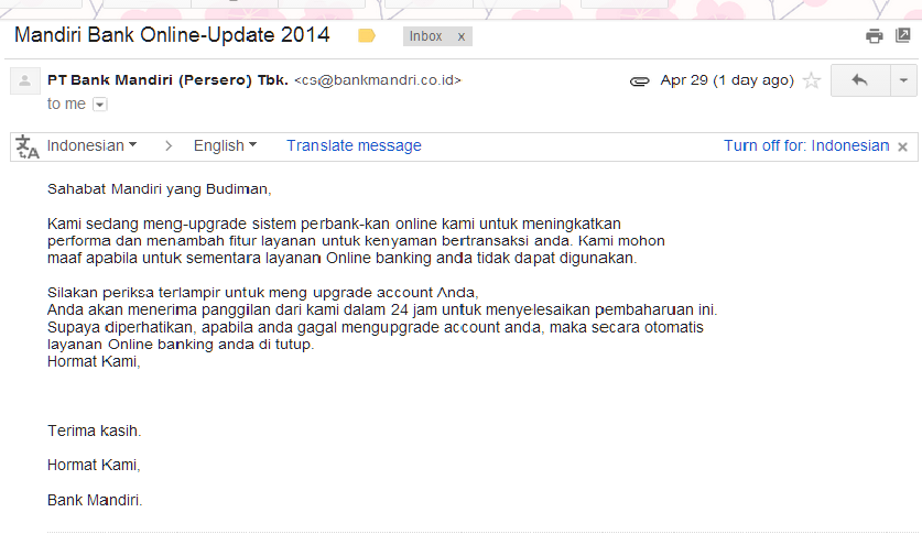 menerima email gaje dari BANK MANDRI