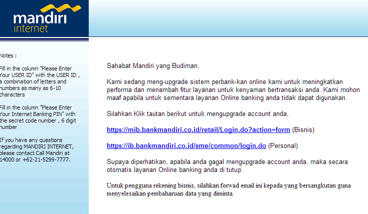 menerima email gaje dari BANK MANDRI