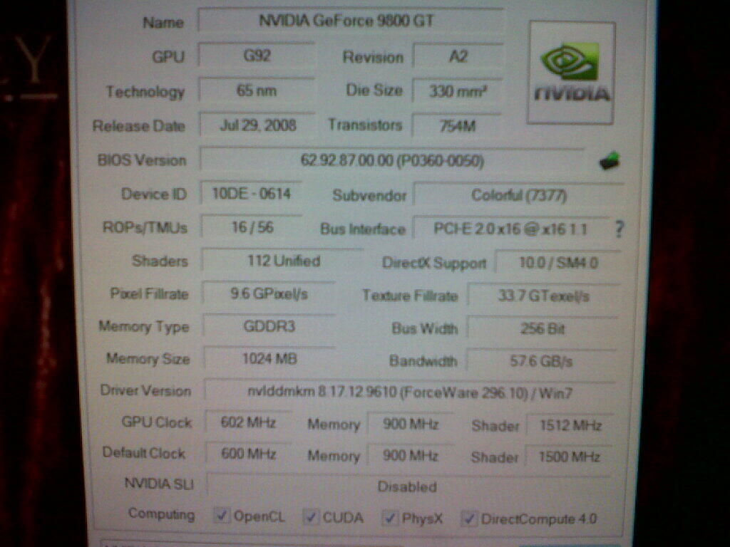 GF 9800 GT 1 GB DDR 3 COLORFUL