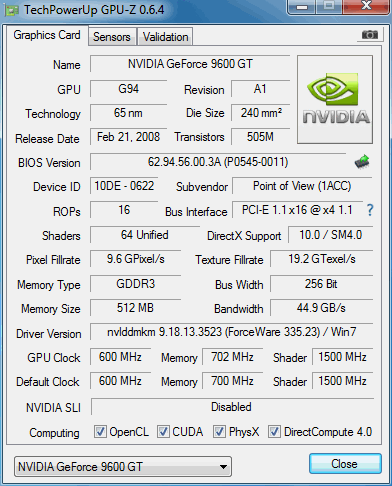 Point Of View 9600 GT 512mb DDR3 256 bit