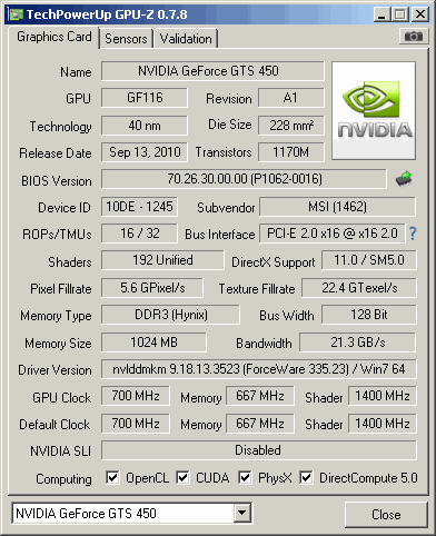 MSI GTS 450 1GB DDR3