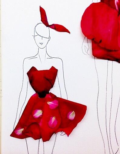 Kelopak bunga mengubah sketsa fashion tradisional menjadi bentuk ilustrasi lebihnyata