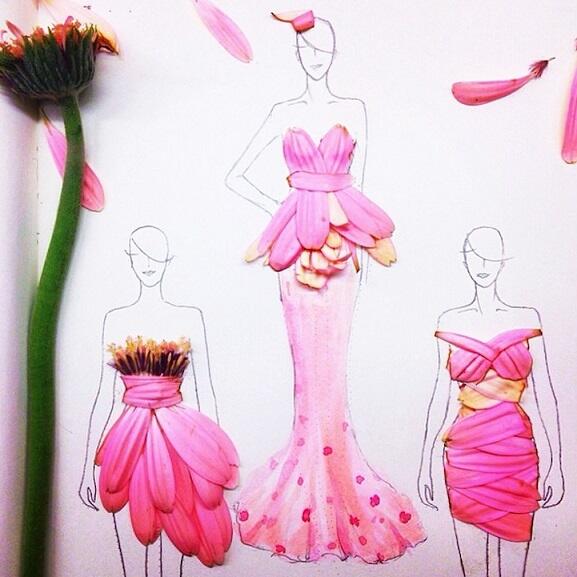 Kelopak bunga mengubah sketsa fashion tradisional menjadi bentuk ilustrasi lebihnyata