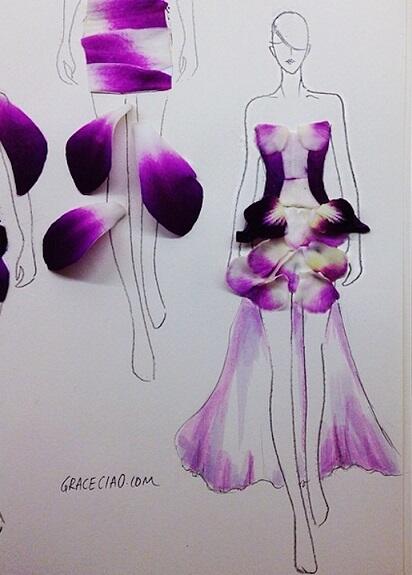 Kelopak bunga mengubah sketsa fashion tradisional menjadi bentuk ilustrasi lebihnyata