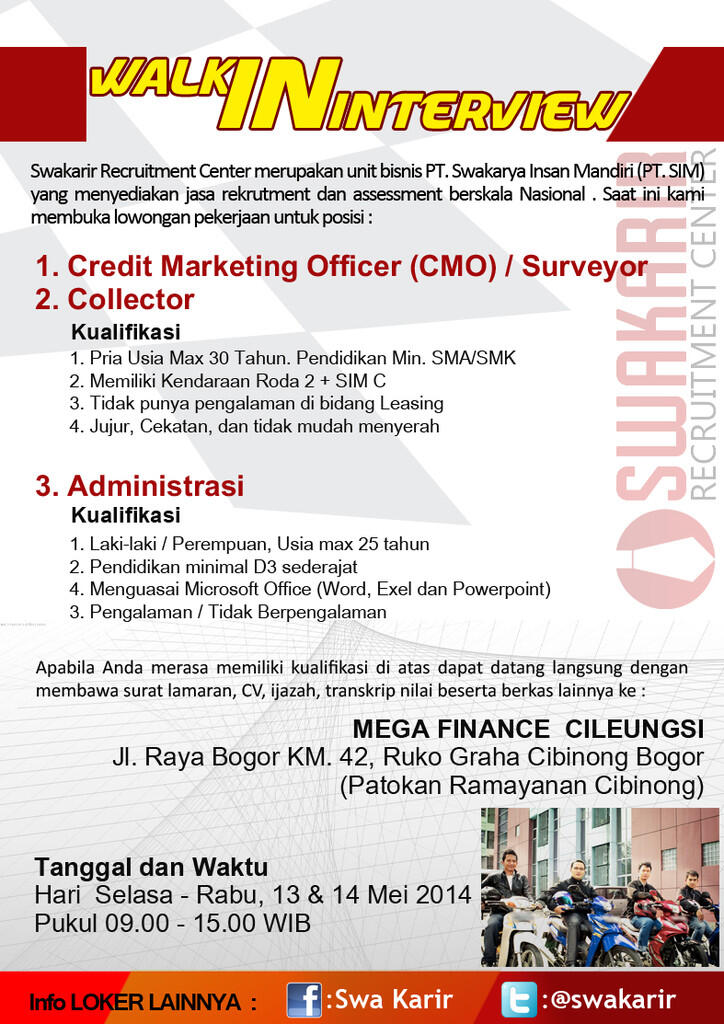 WALK IN INTERVIEW MEGA FINANCE CIBINONG dan BEKASI