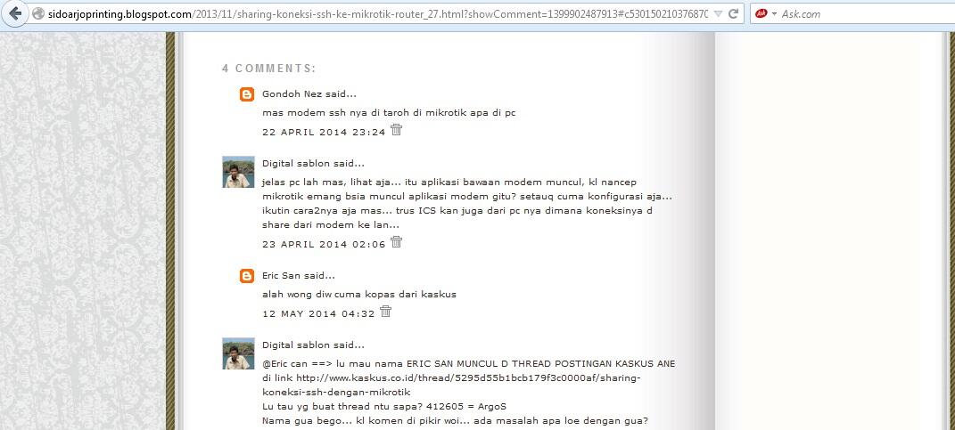 Sharing Koneksi SSH dengan mikrotik II + sidoarjoprinting.blogspot.com