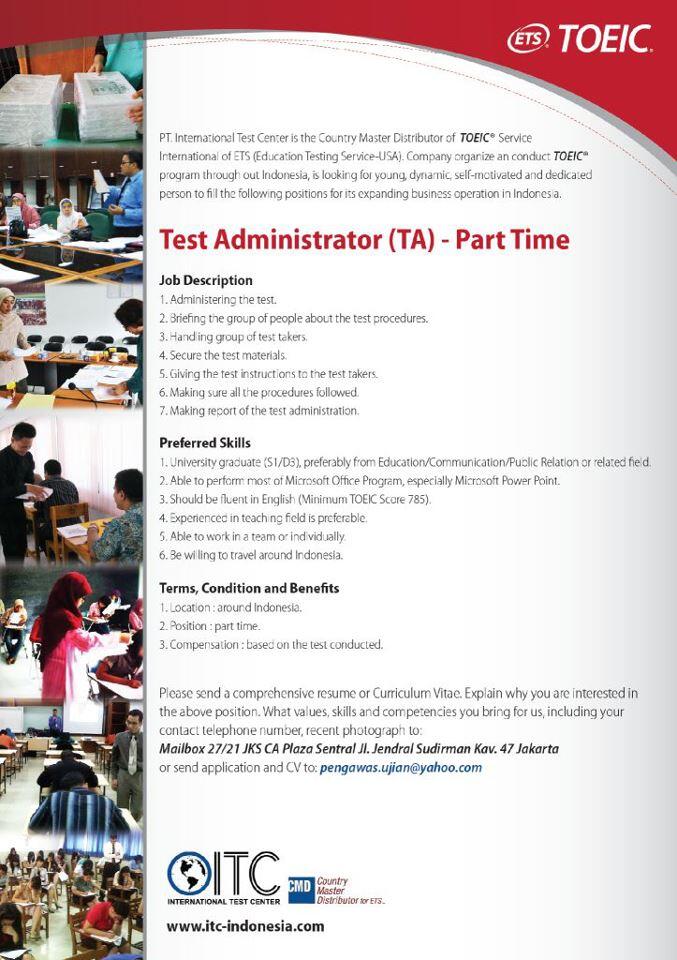Lowongan Test Administrator (Part Time) PT. International Test Center Indonesia