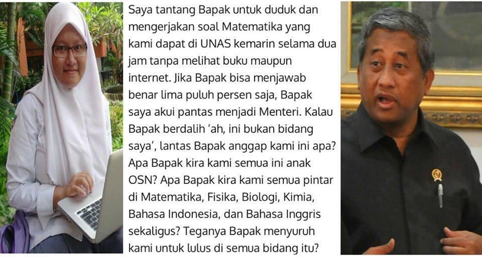 Surat Terbuka Nurmillaty Abadiah ke Pak Menteri Pendidikan Tentang UNAS