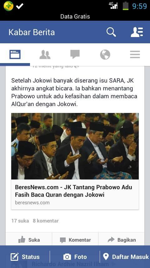 JK Tantang Prabowo Adu Fasih Baca Quran dengan Jokowi