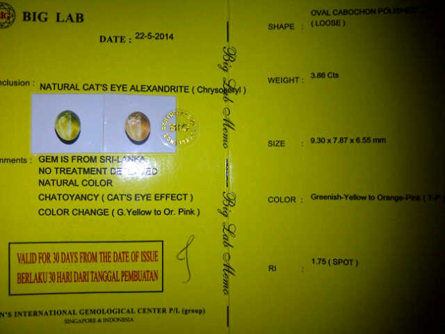 sale HQ alexandrite crysoberyl cat eye,Clean,Bodyglas Memo Biglab