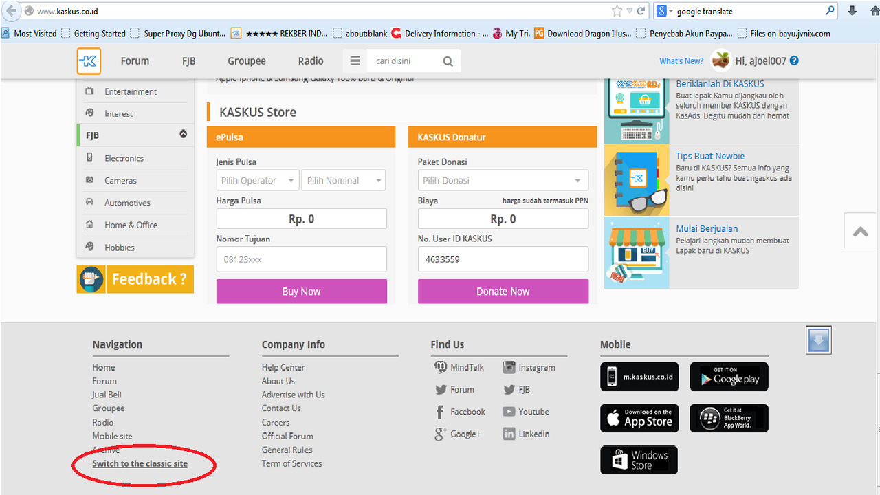 Menu Kembali ke tampilan classic Kaskus