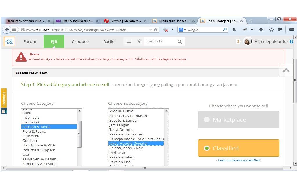 Help me admin, Ane kok ngga bisa posting FJB sub Categori Jaket,hoodie &amp; sweater