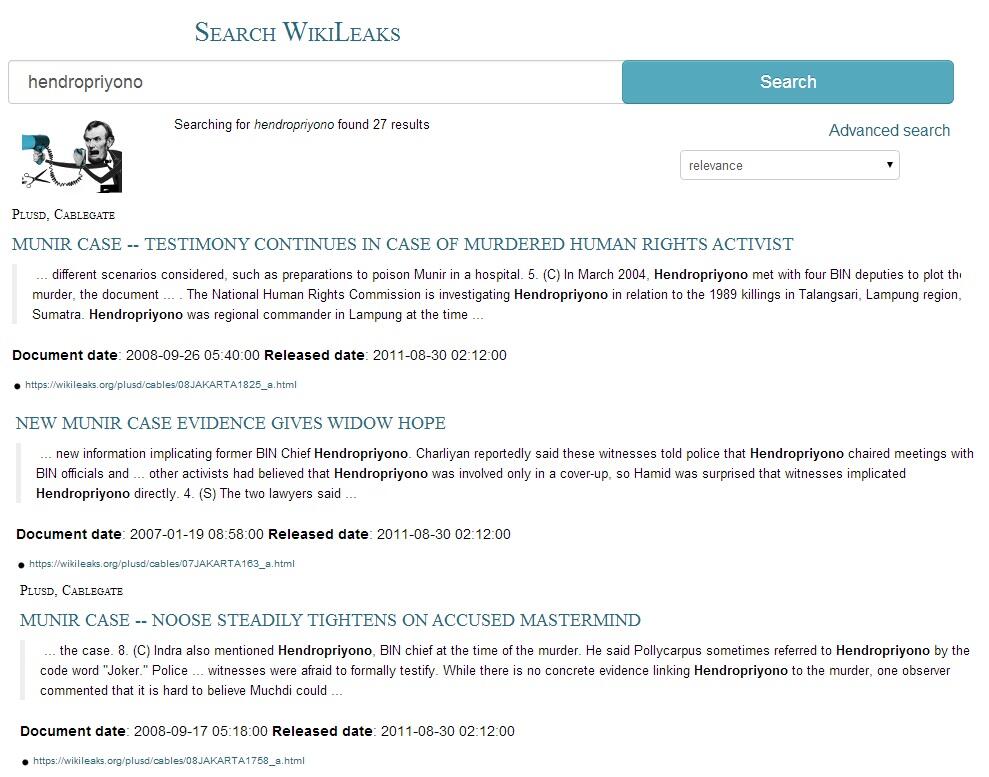 Situs Wikileaks aneh, begitu diminta key &quot;hendropriyono', yang keluar kasus MUNIR