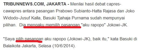 Plintiran berita Ahok dukung jokowi