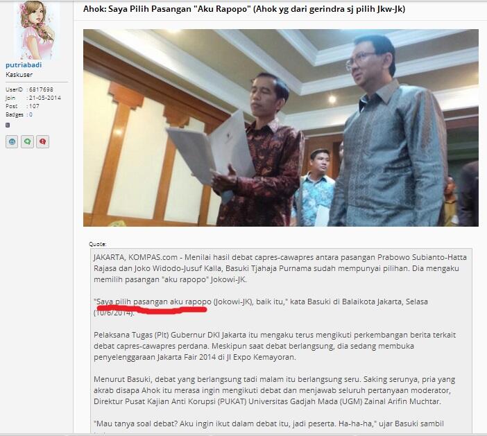 Plintiran berita Ahok dukung jokowi