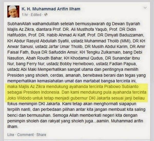 USTADZ ARIFIN ILHAM DAN MAJELIS AZ ZIKRA SECARA RESMI MENDUKUNG PRABOWO