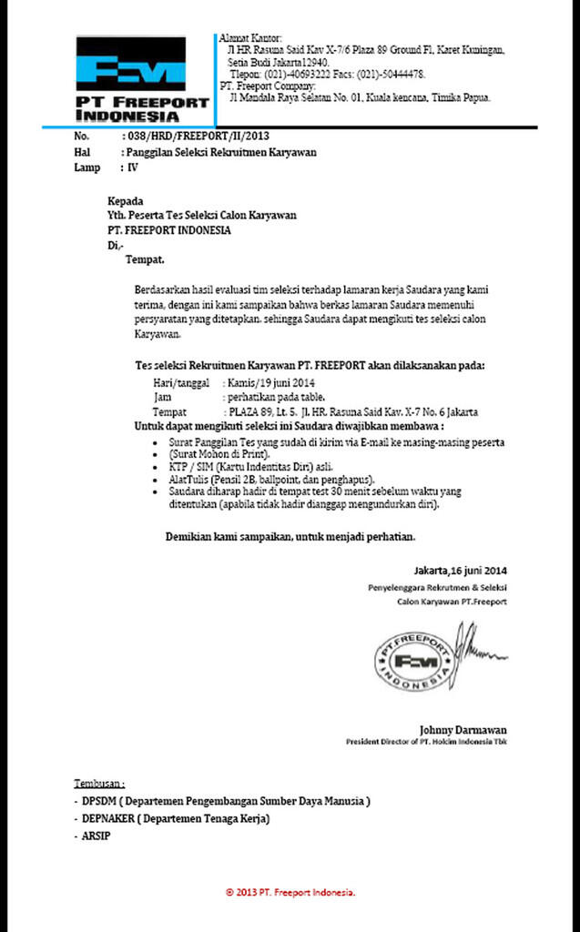 Panggilan Kerja PT FreePort Indonesia 038/HRD/FREEPORT/II/2013 Modus Penipuan KAH ?