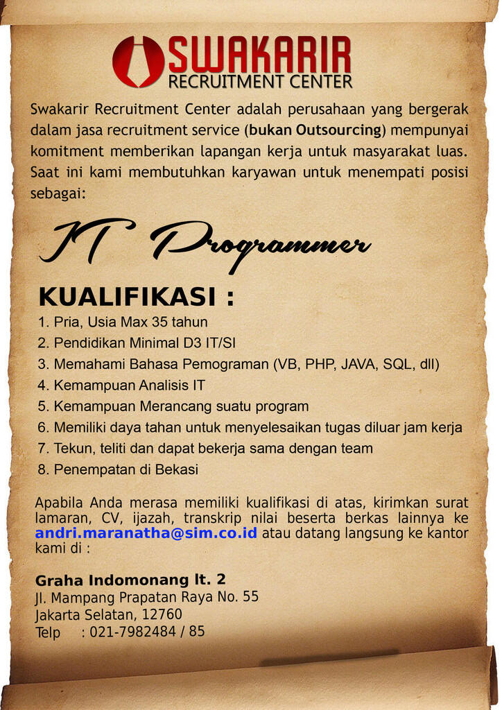 LOWONGAN KERJA IT PROGAMMER