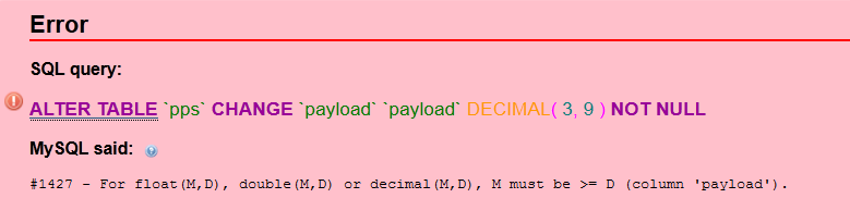 MySQL error #1427 tipe data Decimal