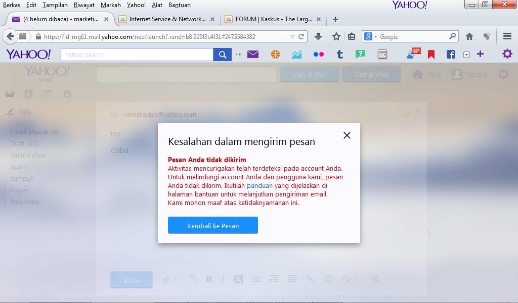 yahoo mail tidak bisa mengirim pesan