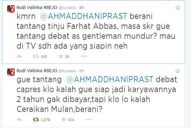 &#91;Tim Sukses Siapa Ini?&#93; Ahmad Dhani ngajak debat Relawan JKW-JK di Twitter