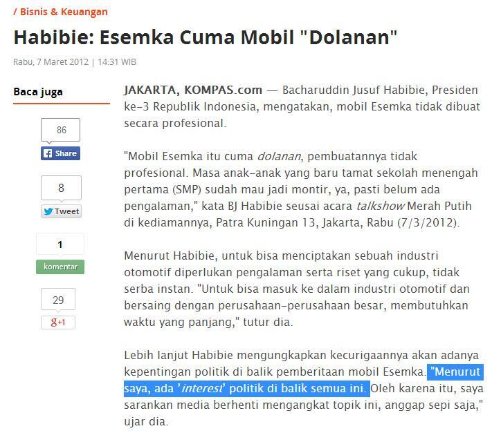 &#91;SHOCK&#93; HABIEBIE : Mobil ESEMKA sarat muatan Politik. Jokowi + Dhalan Iskan...Doorr!!
