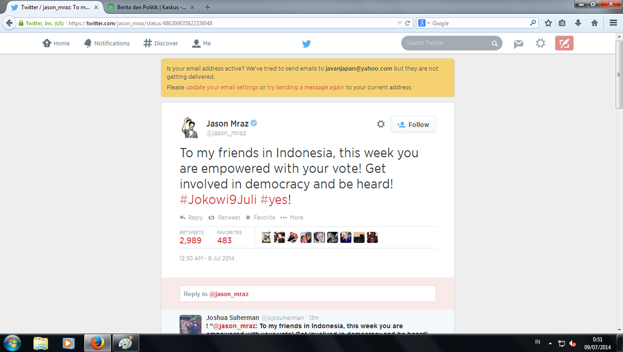 HOT !! Jason Mraz dukung JOKOWI 