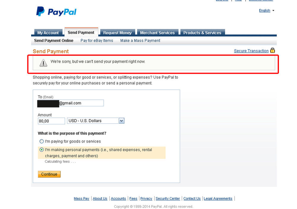 Paypal ada tulisan &quot;we're sorry but we can't send your payment right now&quot;