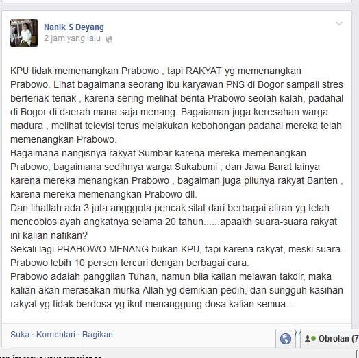 Nanik S Deyang akui KPU Tak menangkan Prabowo