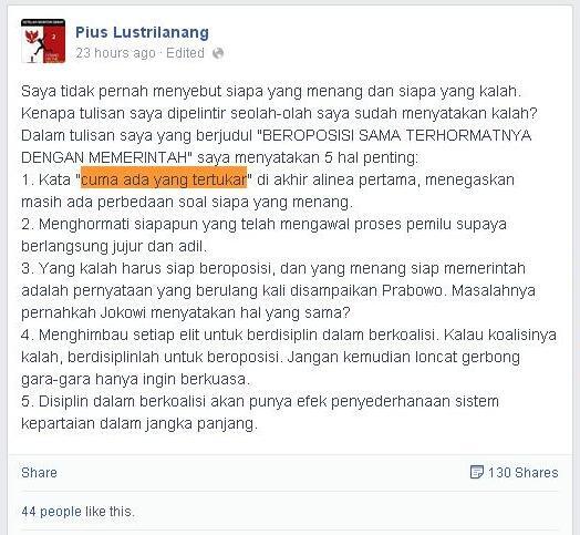 PIUS LUSTRILANANG Edit Status Facebooknya Tentang Kemenangan Jokowi? 