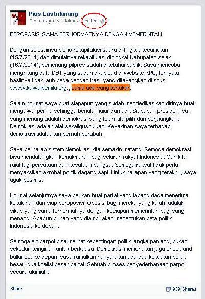 PIUS LUSTRILANANG Edit Status Facebooknya Tentang Kemenangan Jokowi? 