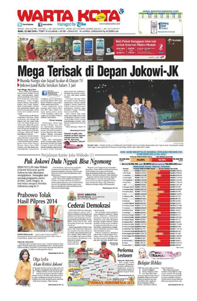 Halaman depan koran-koran setelah pengumuman resmi dari KPU