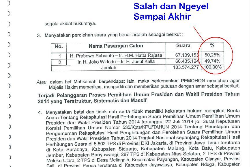 Berikut ini dokumen permohonan perselisihan yang diajukan Prabowo-Hatta ke MK