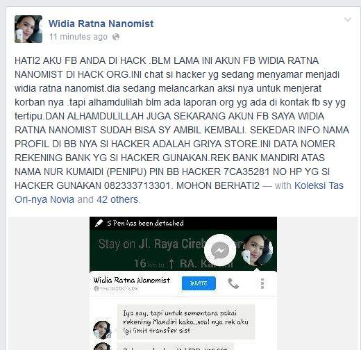 waspada penipuan via FB account palsu Widia Ratna Nanomist