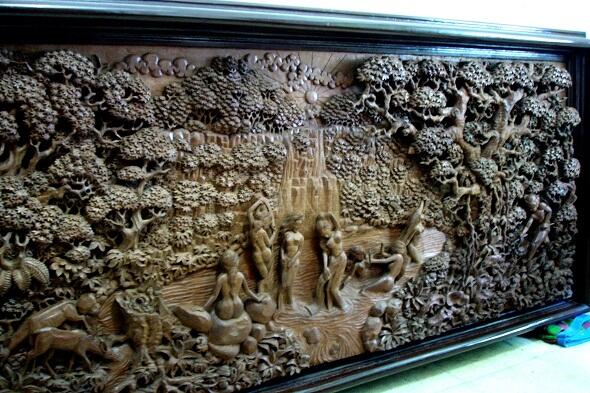 Ukiran Kayu Jati (Jaka Tarub & 7 Bidadari)