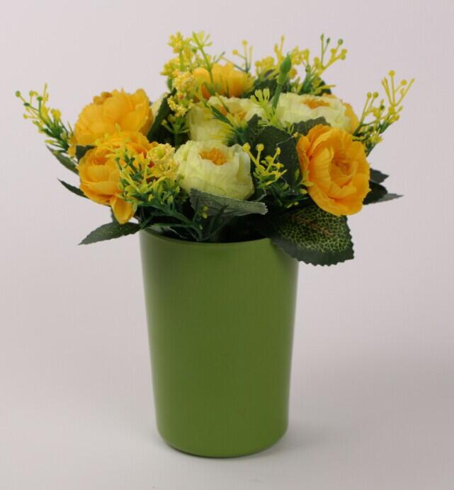 Bunga artificial peony kuning pot melamin