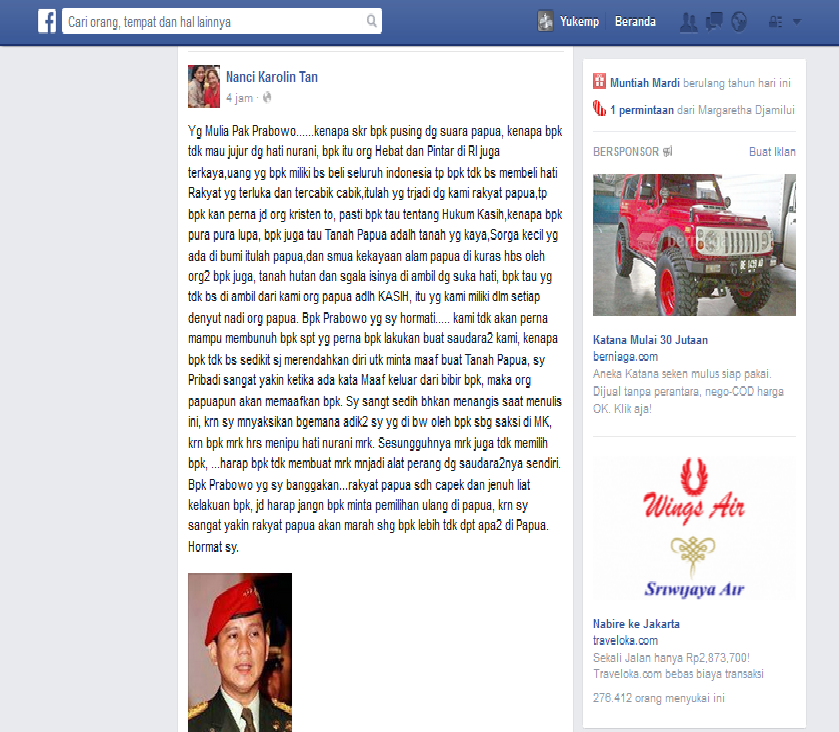 SURAT TERBUKA DARI SAUDARI SAYA DI PAPUA UNTUK PRABOWO