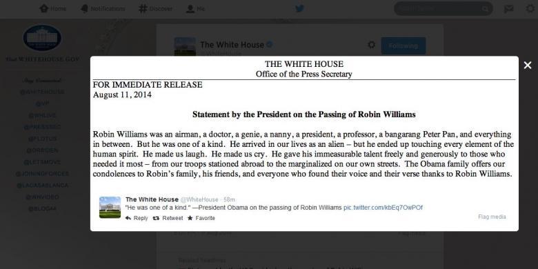 Puitisnya Ungkapan Duka Obama untuk Kematian Robin Williams
