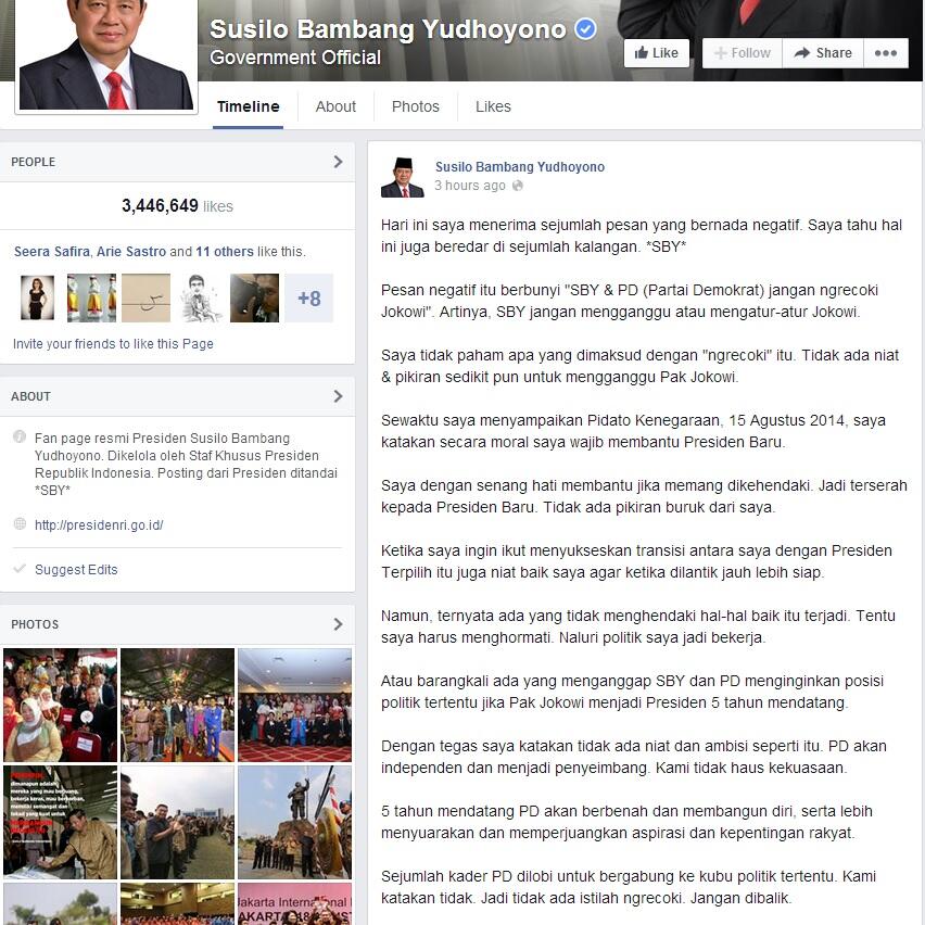 SBY Update Status tentang Jokowi